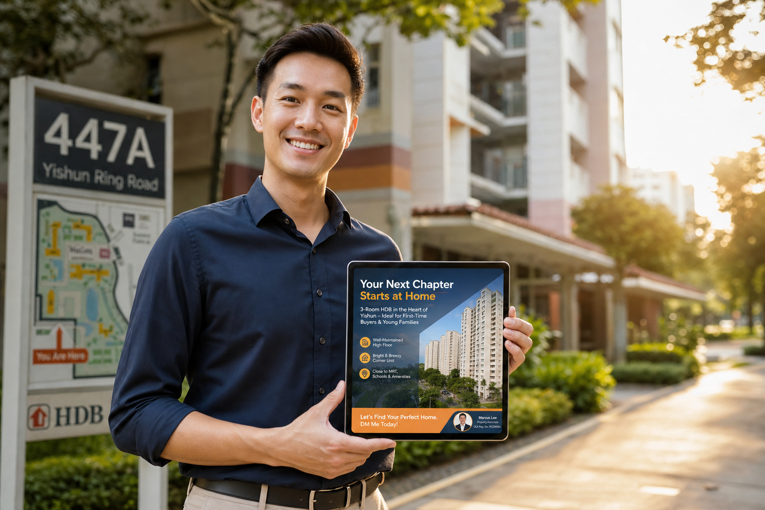 A Singapore property agent reviewing a local advertising campaign