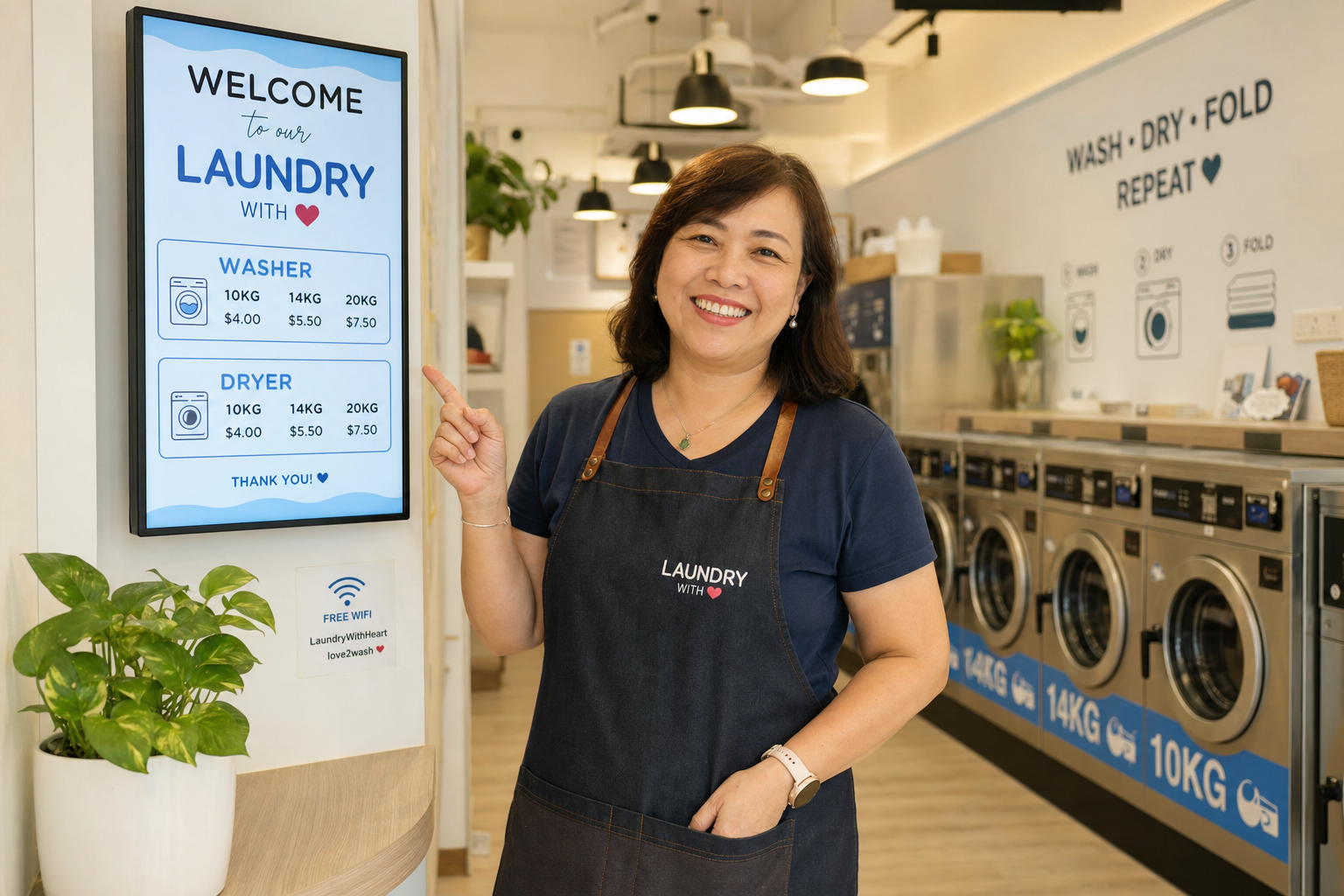 A laundromat owner in a bright, modern self-service laundromat