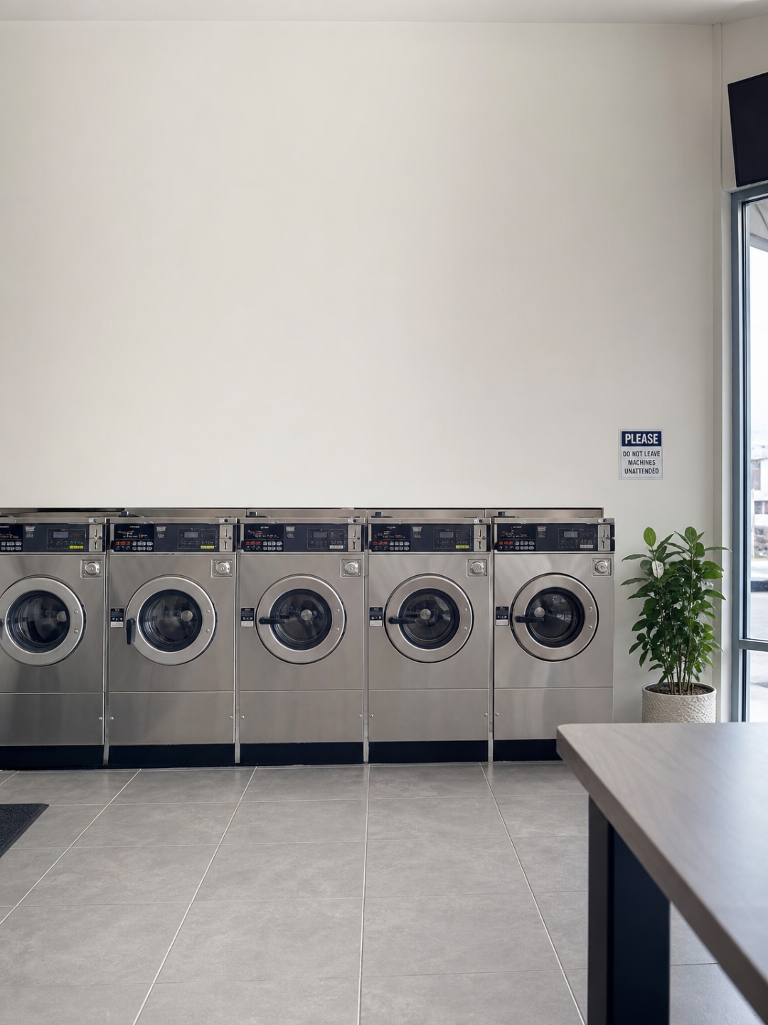 The empty wall above the washers in a Singapore self-service laundromat