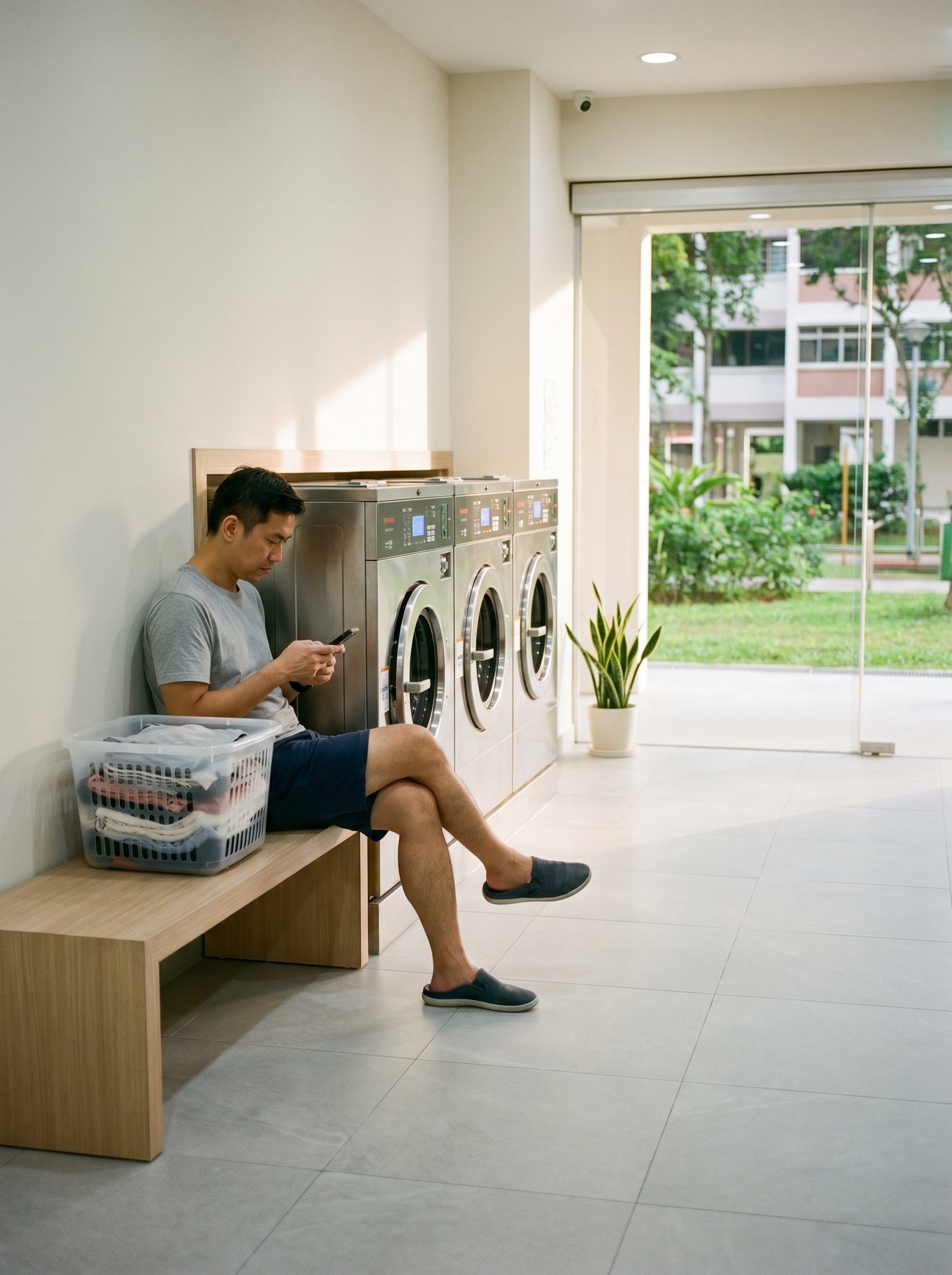 A Singaporean uncle waiting on a bench in a quiet HDB laundromat, scrolling his phone next to a basket of clothes